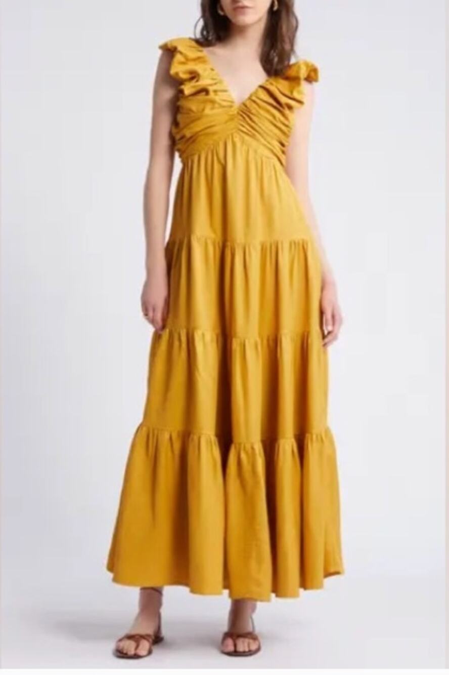 Jason Wu Linen Blend Yellow Tiered Maxi Dress Women's XL Coastal Boho Resort